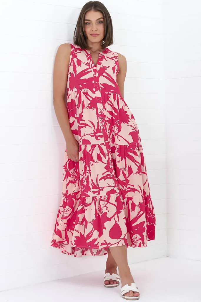 Acelle Midi Dress - Sleeveless Bermuda Collar Button Down Dress in Patty Print Pink
