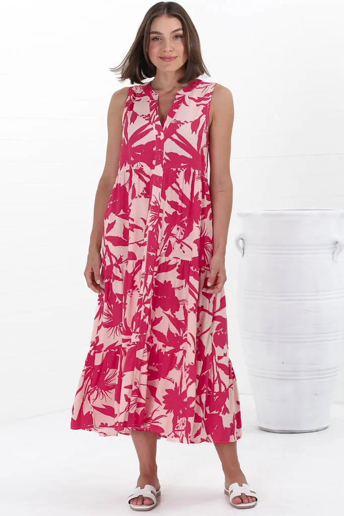 Acelle Midi Dress - Sleeveless Bermuda Collar Button Down Dress in Patty Print Pink
