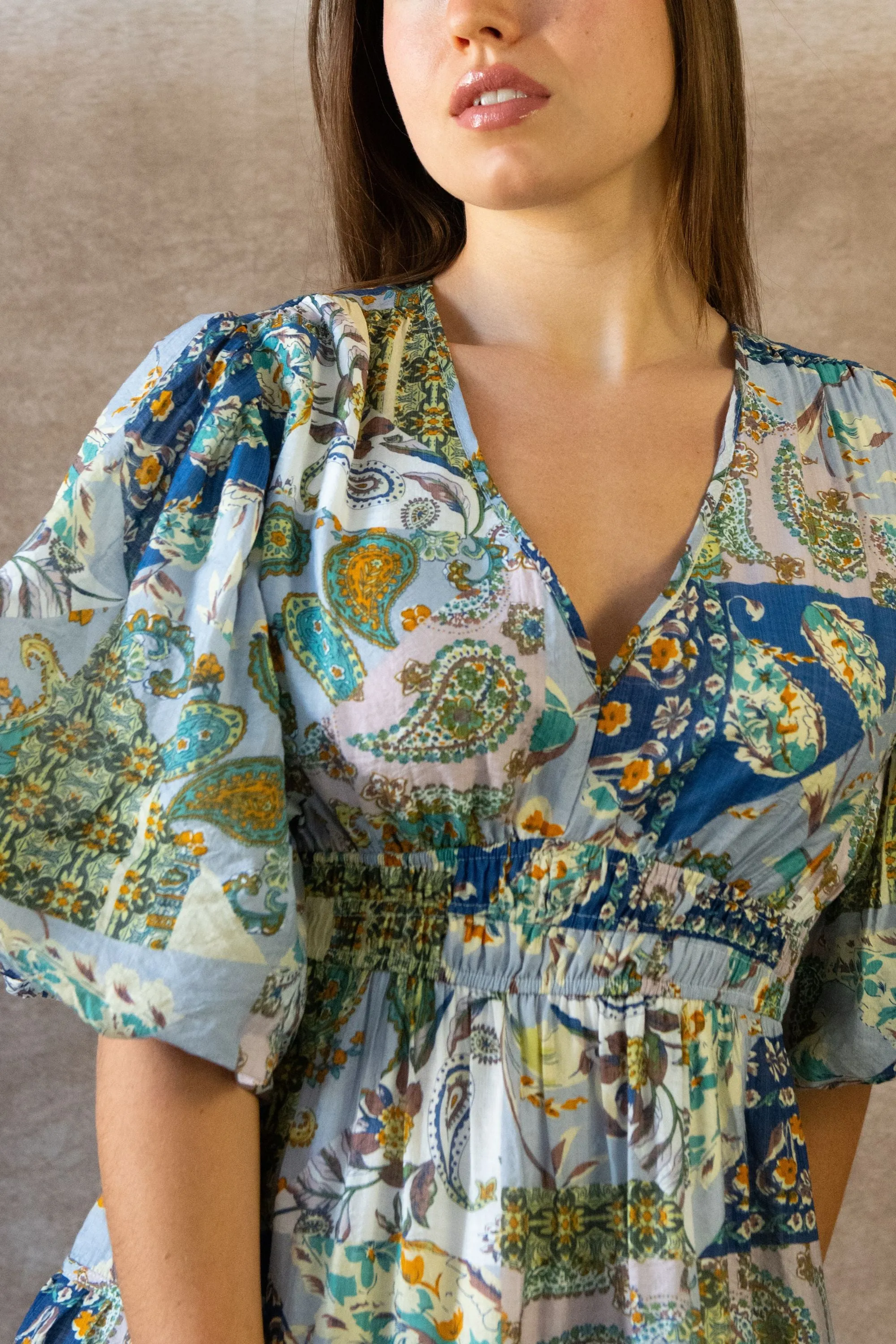 Adeline Boho Floral Midi Dress - V-Neck, Puff Sleeves, Smocked Waist