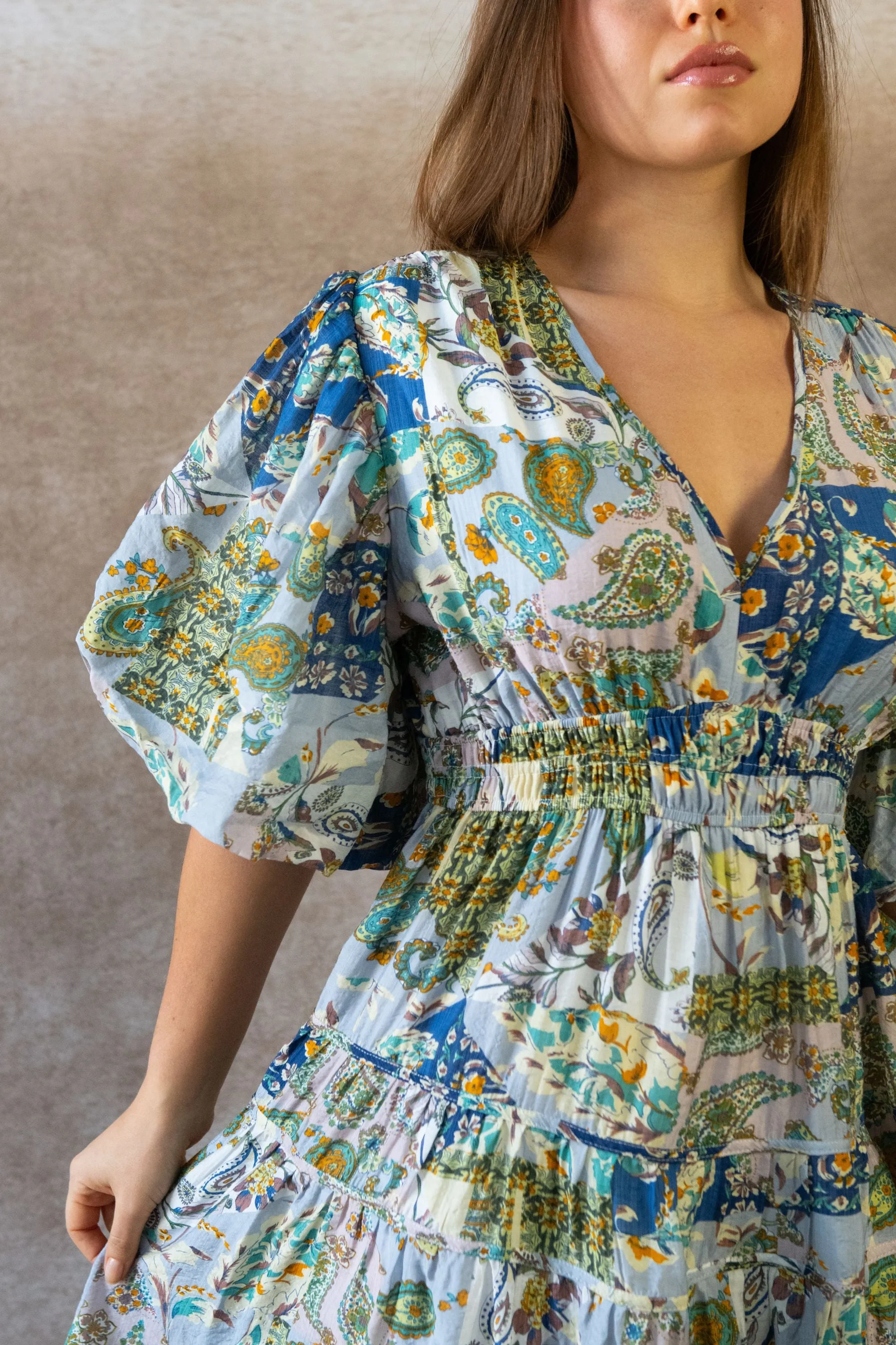 Adeline Boho Floral Midi Dress - V-Neck, Puff Sleeves, Smocked Waist