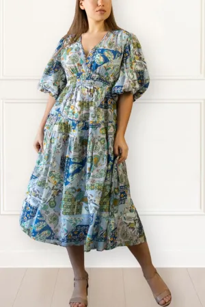 Adeline Boho Floral Midi Dress - V-Neck, Puff Sleeves, Smocked Waist