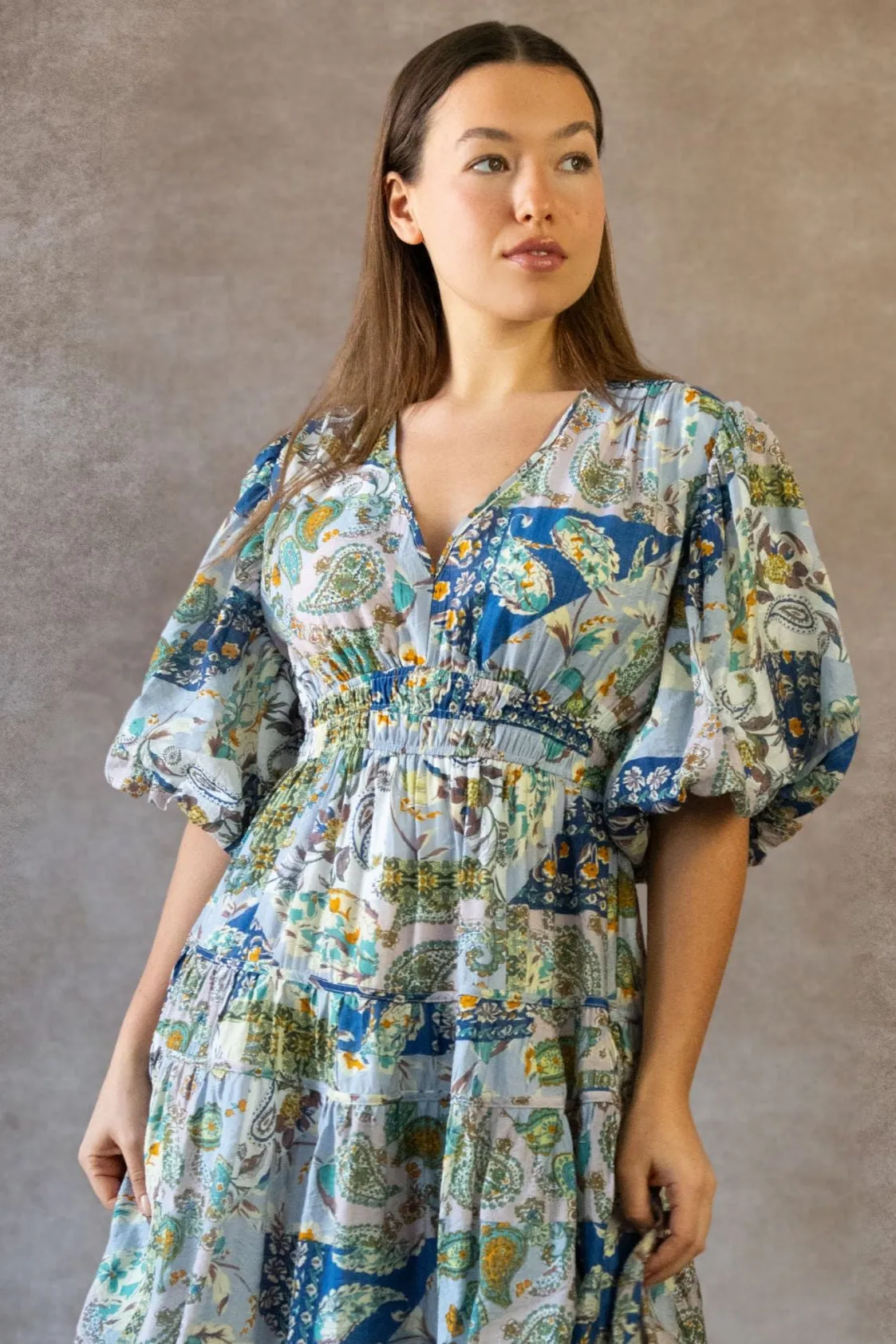 Adeline Boho Floral Midi Dress - V-Neck, Puff Sleeves, Smocked Waist