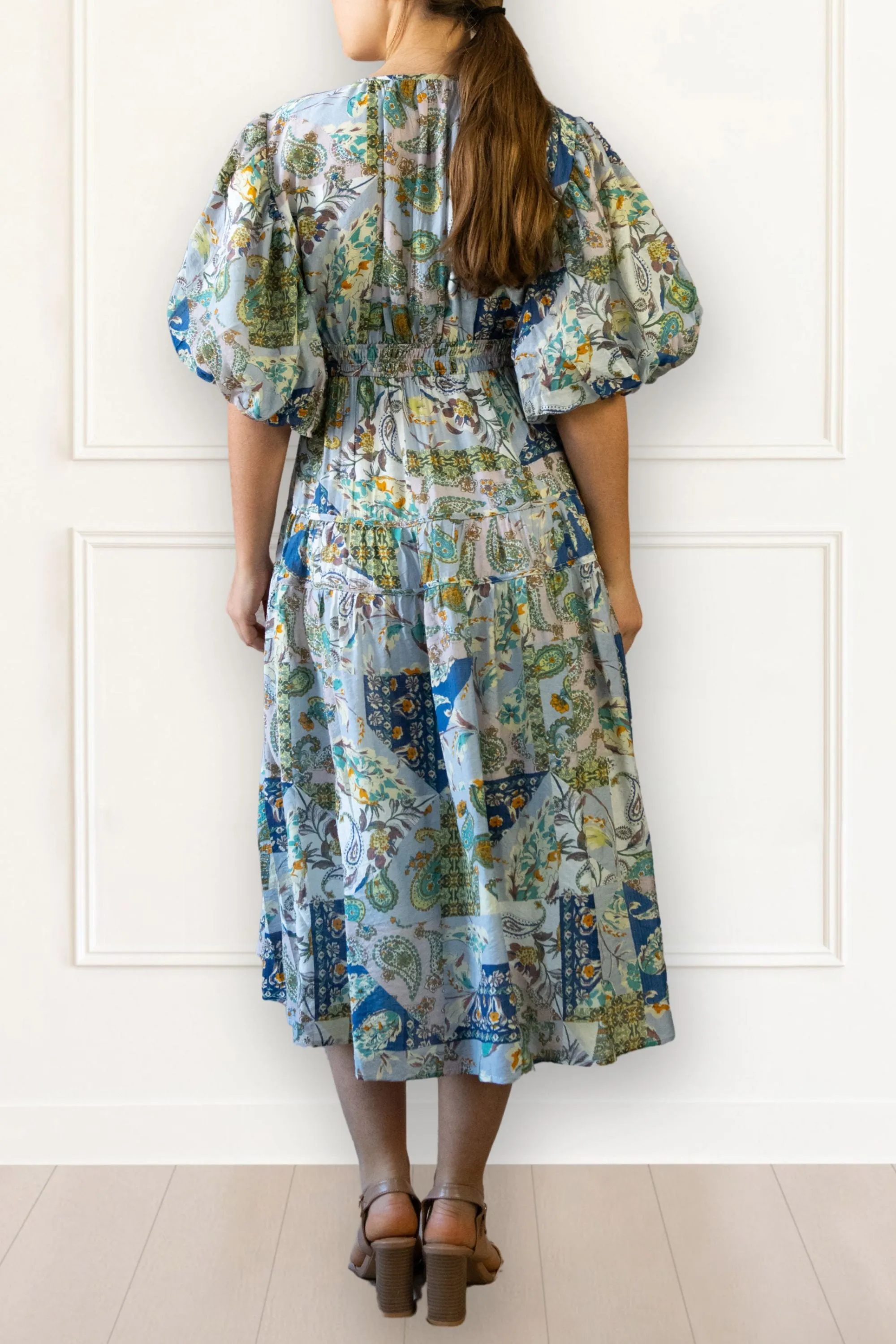 Adeline Boho Floral Midi Dress - V-Neck, Puff Sleeves, Smocked Waist