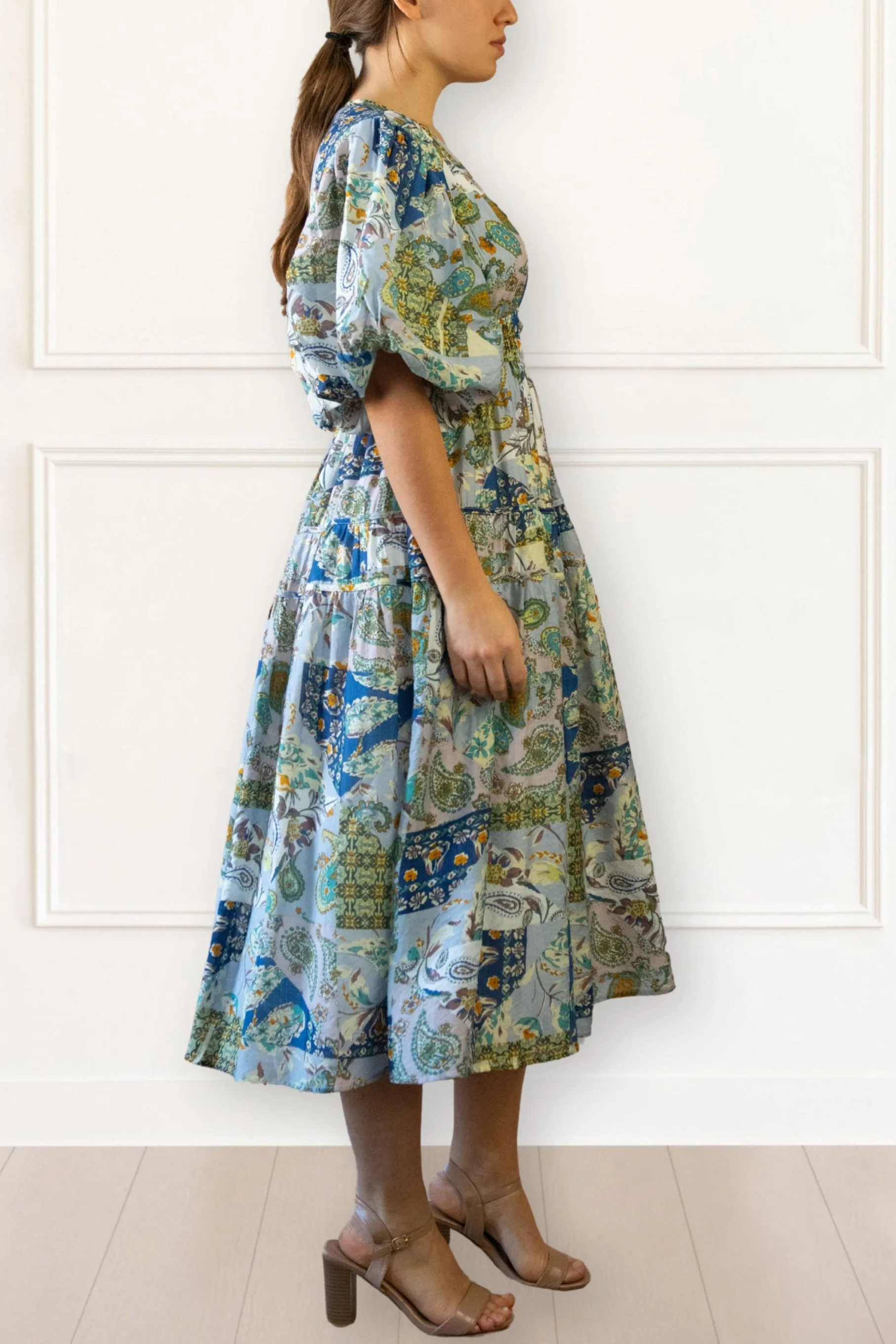 Adeline Boho Floral Midi Dress - V-Neck, Puff Sleeves, Smocked Waist