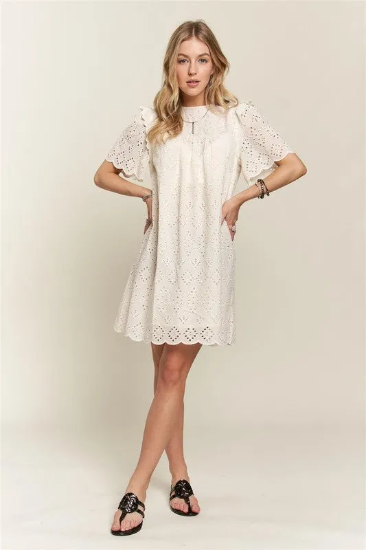 ADORA Ruffled Eyelet Round Neck Dress In Natural
