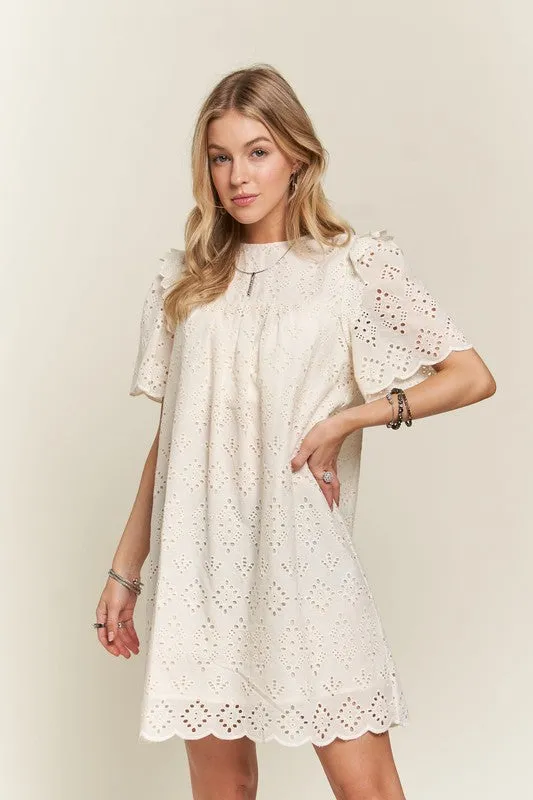 ADORA Ruffled Eyelet Round Neck Dress In Natural