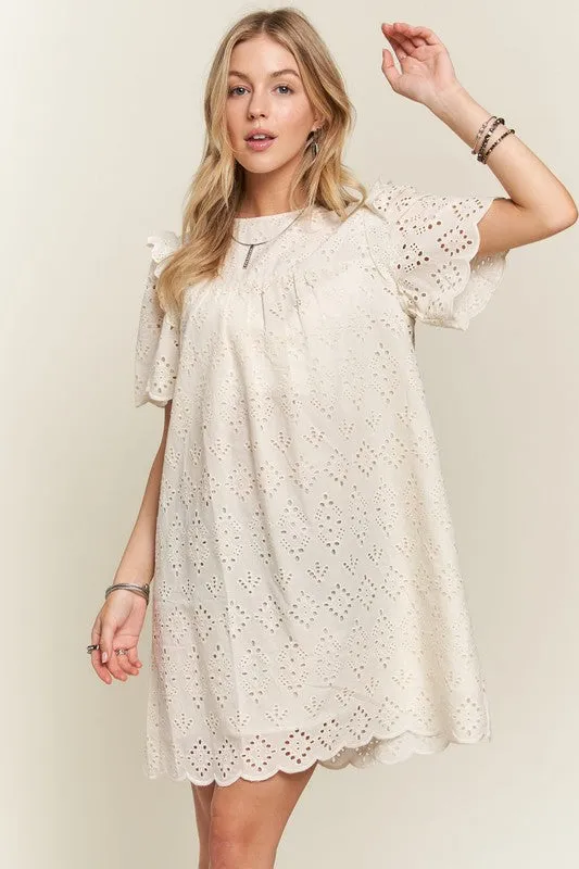 ADORA Ruffled Eyelet Round Neck Dress In Natural