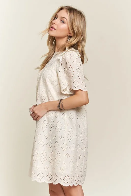 ADORA Ruffled Eyelet Round Neck Dress In Natural