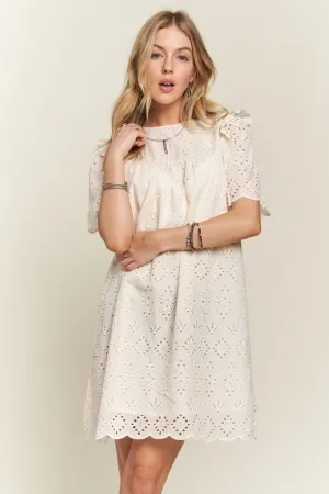 ADORA Ruffled Eyelet Round Neck Dress In Natural