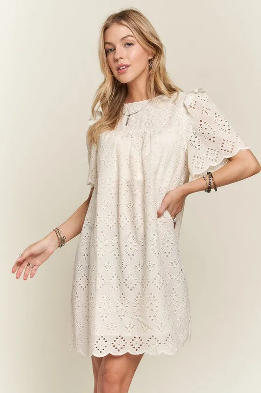 ADORA Ruffled Eyelet Round Neck Dress In Natural