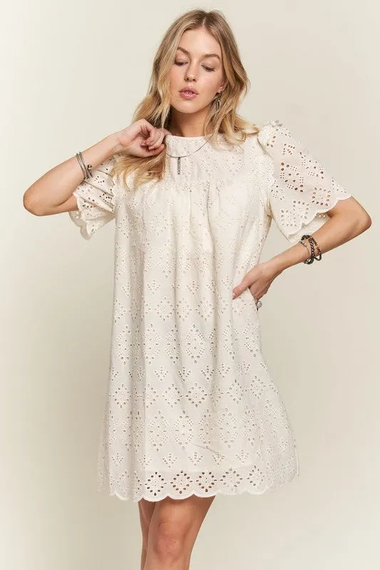 ADORA Ruffled Eyelet Round Neck Dress In Natural