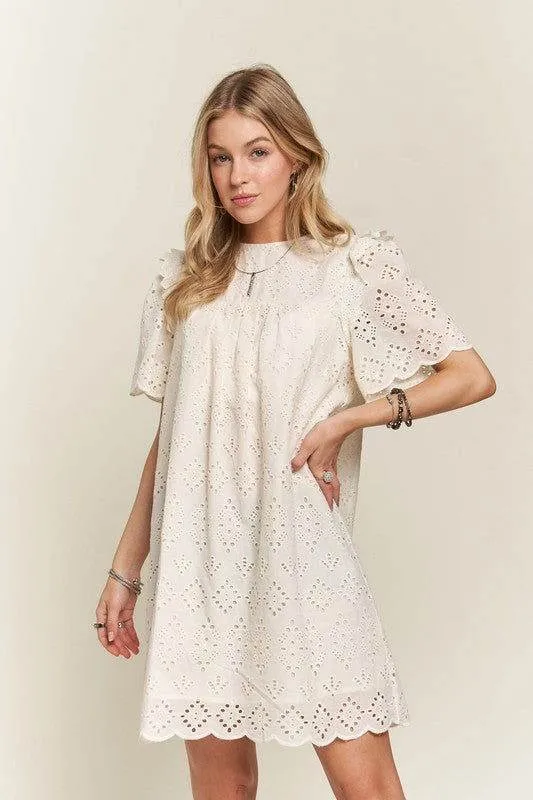 ADORA Ruffled Eyelet Round Neck Dress