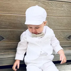 Baby and Toddler Boys white linen full length set with vest, shirt, pants, suspenders and bowtie