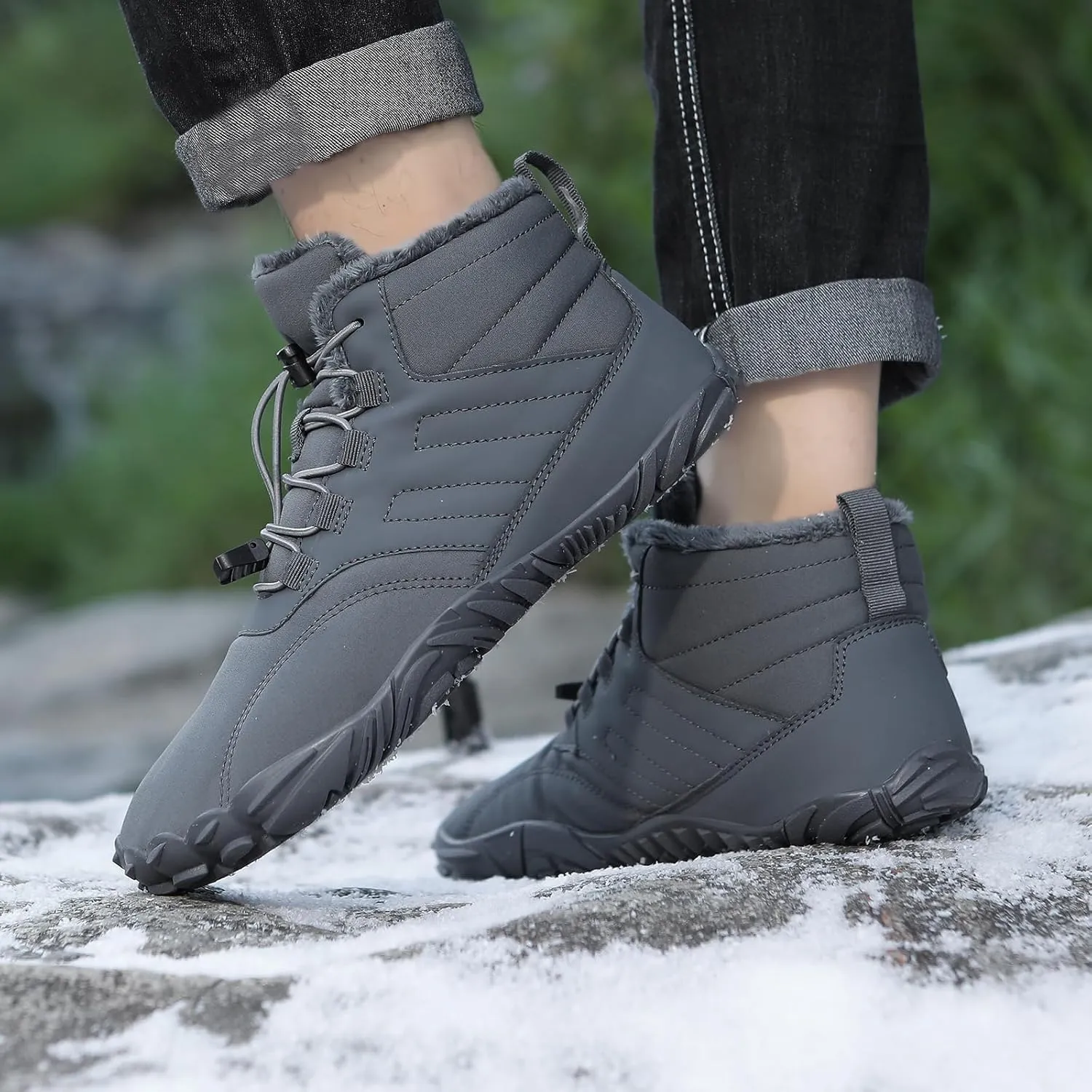 Barefoot Hiking Shoes Women Men Winter Warm Wide Toe Box Snow Boots Minimalist Zero Drop Outdoor Shoe Non Slip Soft Sole Sneakers Comfort Outdoor Ankle Booties Five Finger Sneakers Hike Walking Shoes