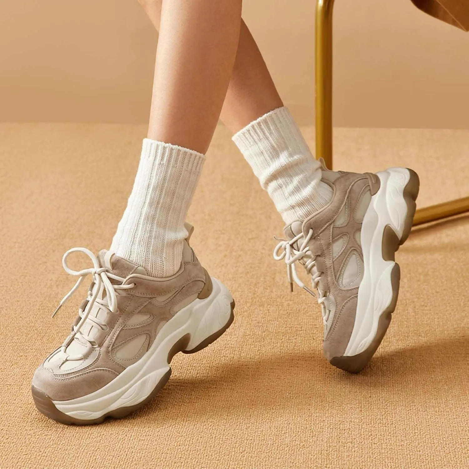 BEAU TODAY Chunky Sneakers for Women, Womens Fashion Sneakers, Lace Up Platform Comfortable Leather Casual Dad Shoes