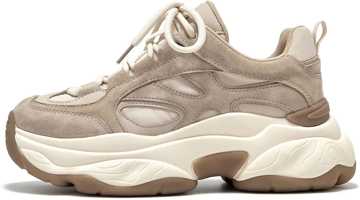 BEAU TODAY Chunky Sneakers for Women, Womens Fashion Sneakers, Lace Up Platform Comfortable Leather Casual Dad Shoes