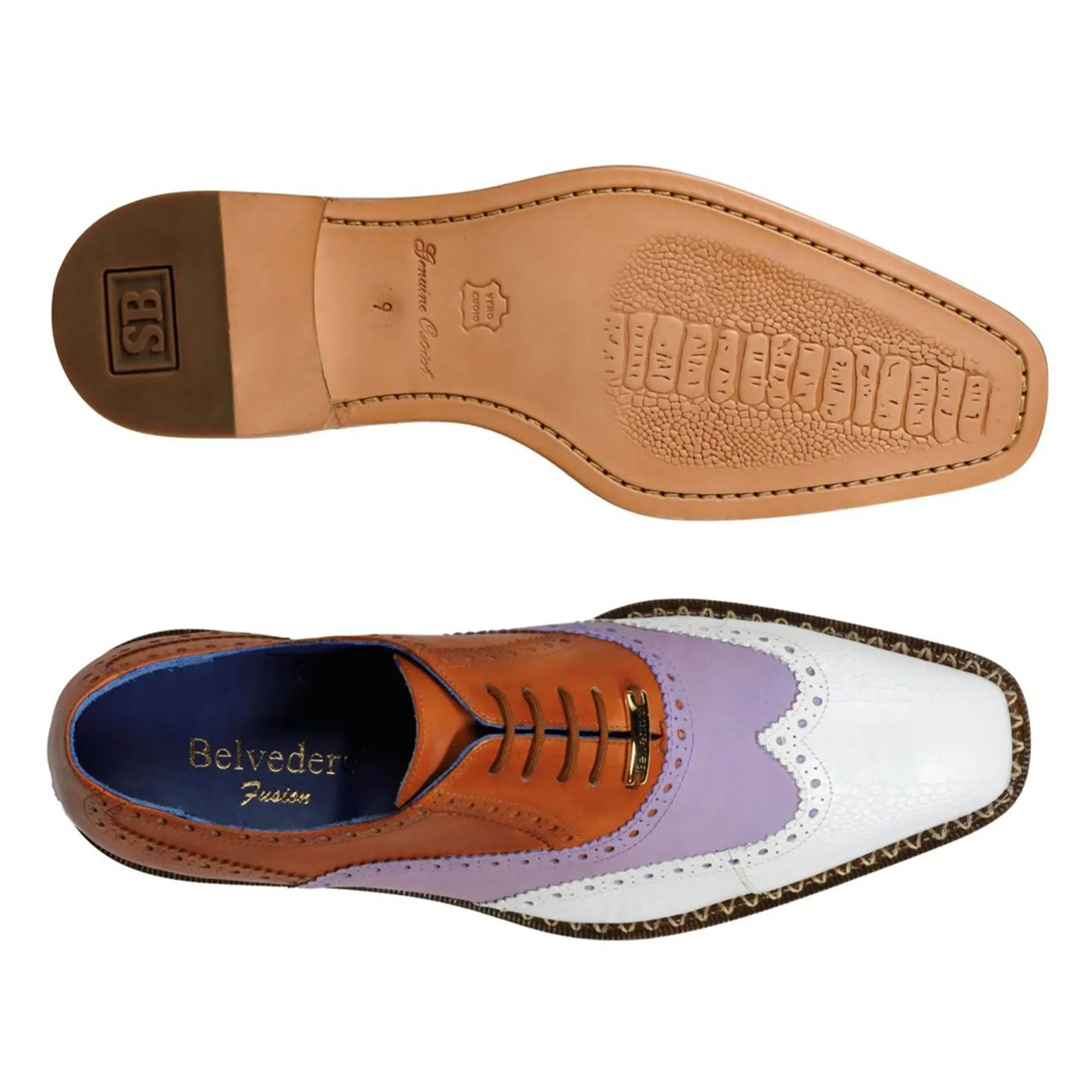 Belvedere Kurt in Almond, Plum, and White Exotic Ostrich / Suede / Calf-Skin Leather Oxfords