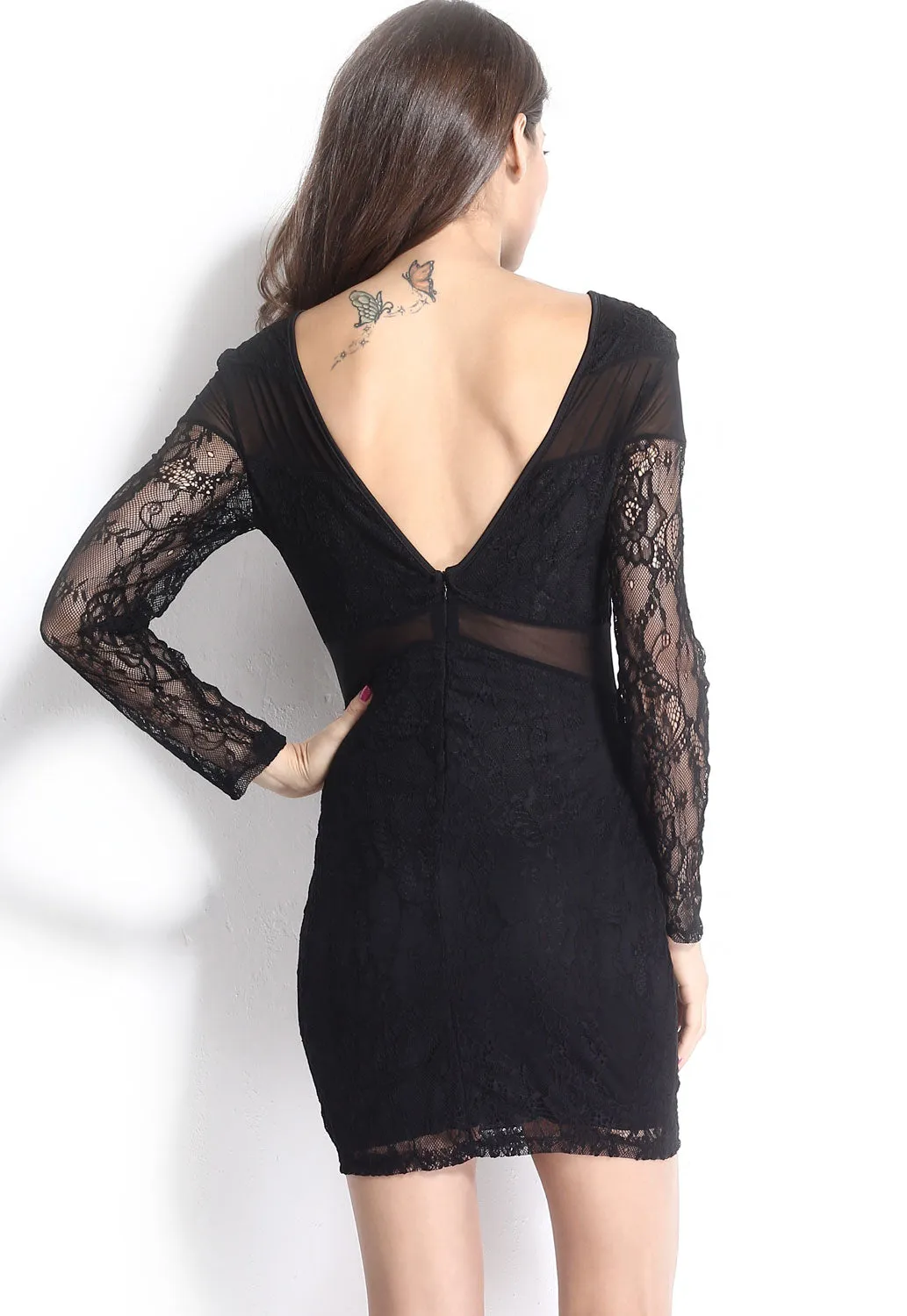 Black Lace&Mesh Patchwork Sexy Bodycon Dress