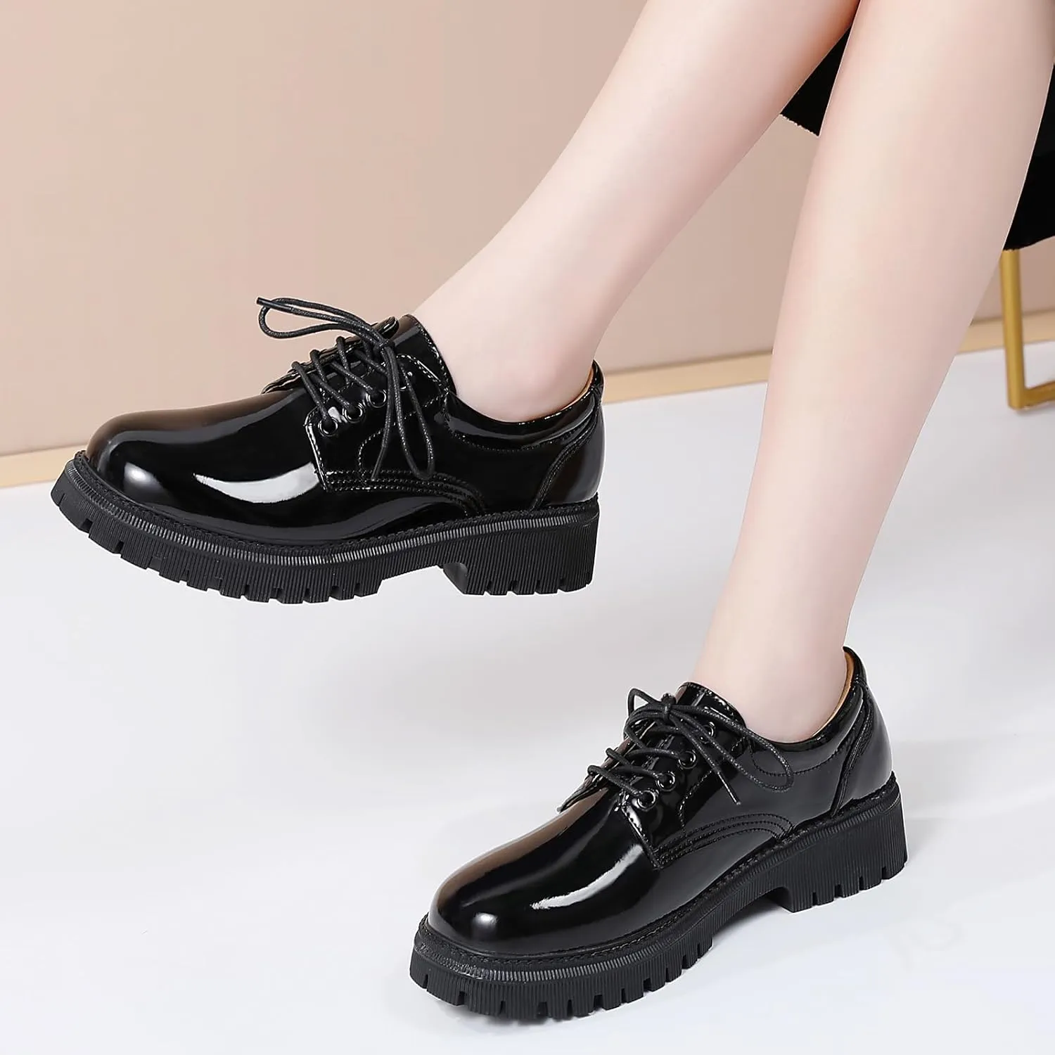 Black Platform Oxford Shoes for Women Chunky Leather Work Office Non Slip Dress Shoes Saddle Comfortable Business Shoes
