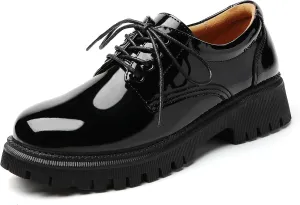 Black Platform Oxford Shoes for Women Chunky Leather Work Office Non Slip Dress Shoes Saddle Comfortable Business Shoes