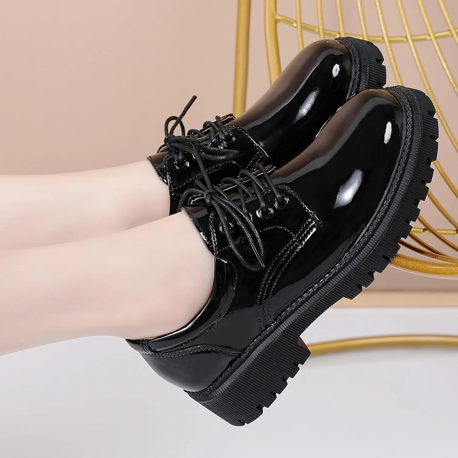 Black Platform Oxford Shoes for Women Chunky Leather Work Office Non Slip Dress Shoes Saddle Comfortable Business Shoes