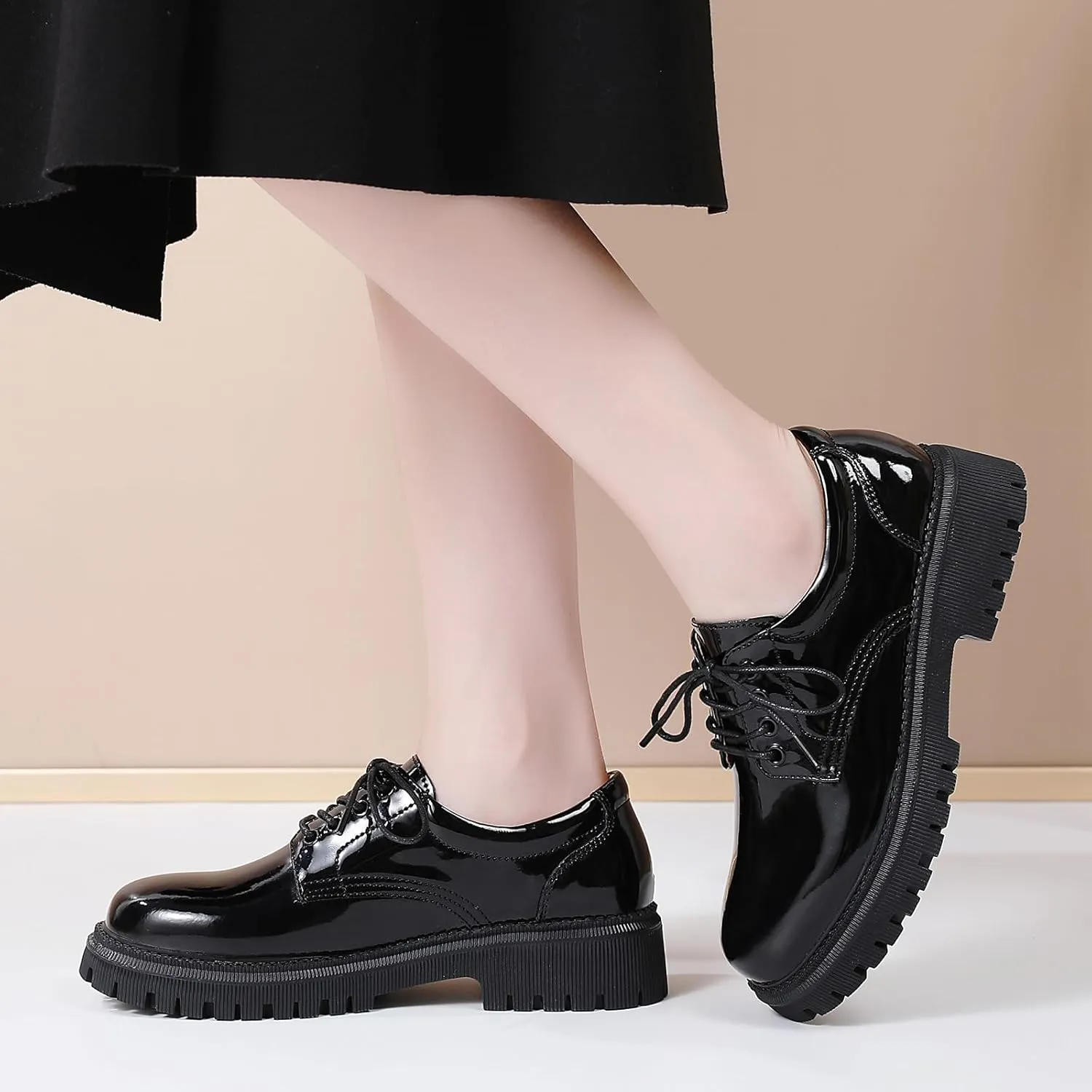 Black Platform Oxford Shoes for Women Chunky Leather Work Office Non Slip Dress Shoes Saddle Comfortable Business Shoes