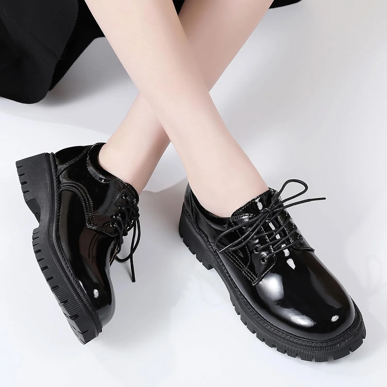 Black Platform Oxford Shoes for Women Chunky Leather Work Office Non Slip Dress Shoes Saddle Comfortable Business Shoes