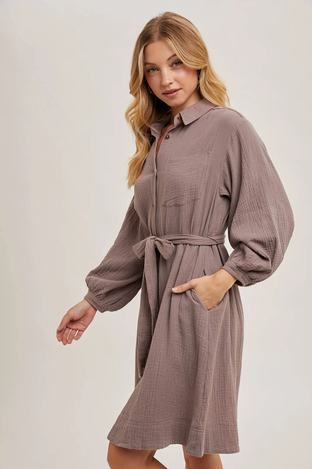 Button down Tie Waist Midi Dress