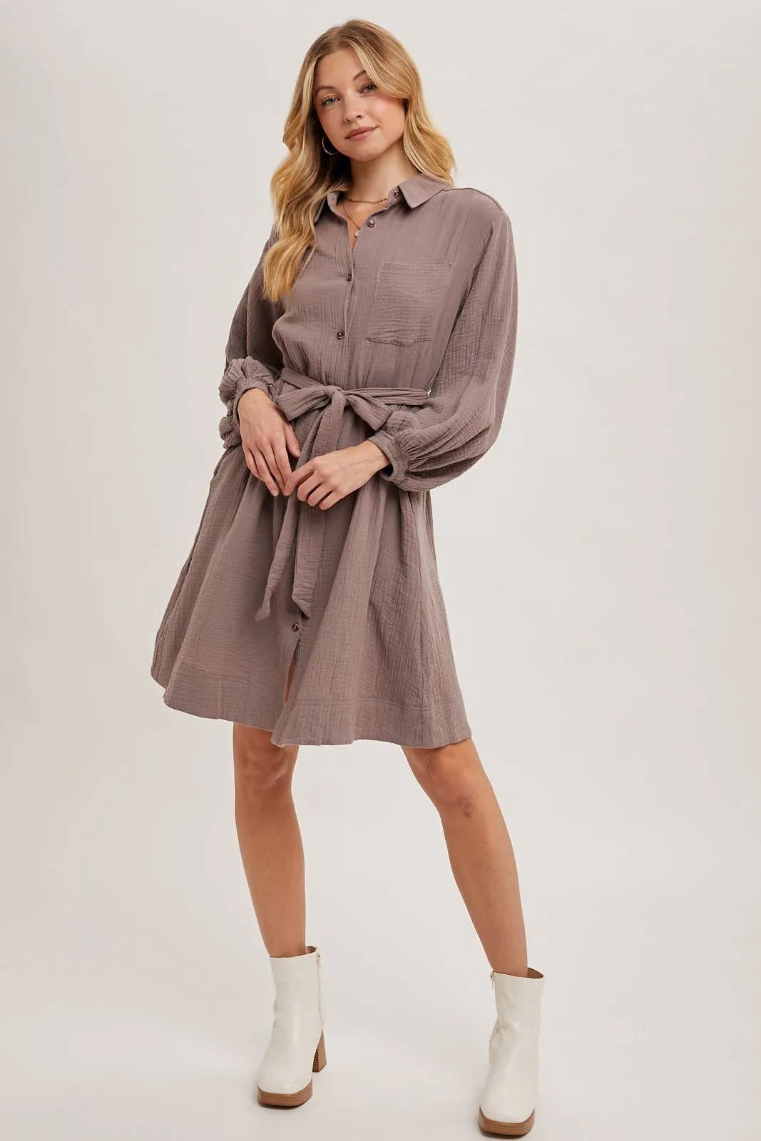 Button down Tie Waist Midi Dress