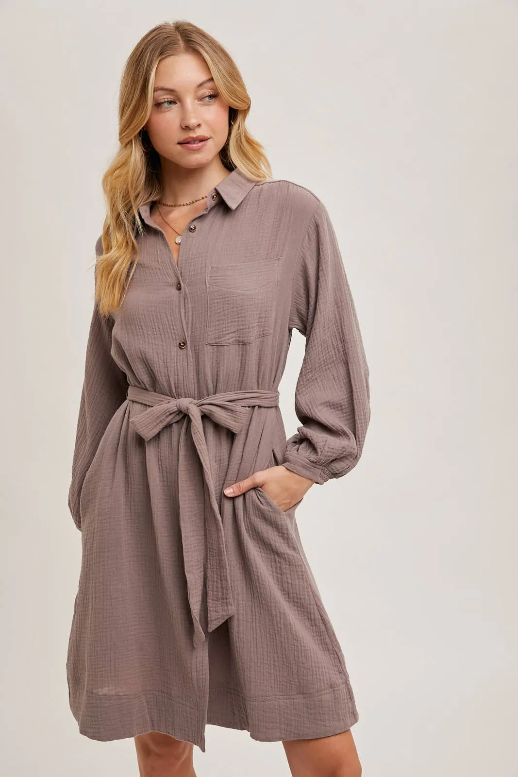 Button down Tie Waist Midi Dress