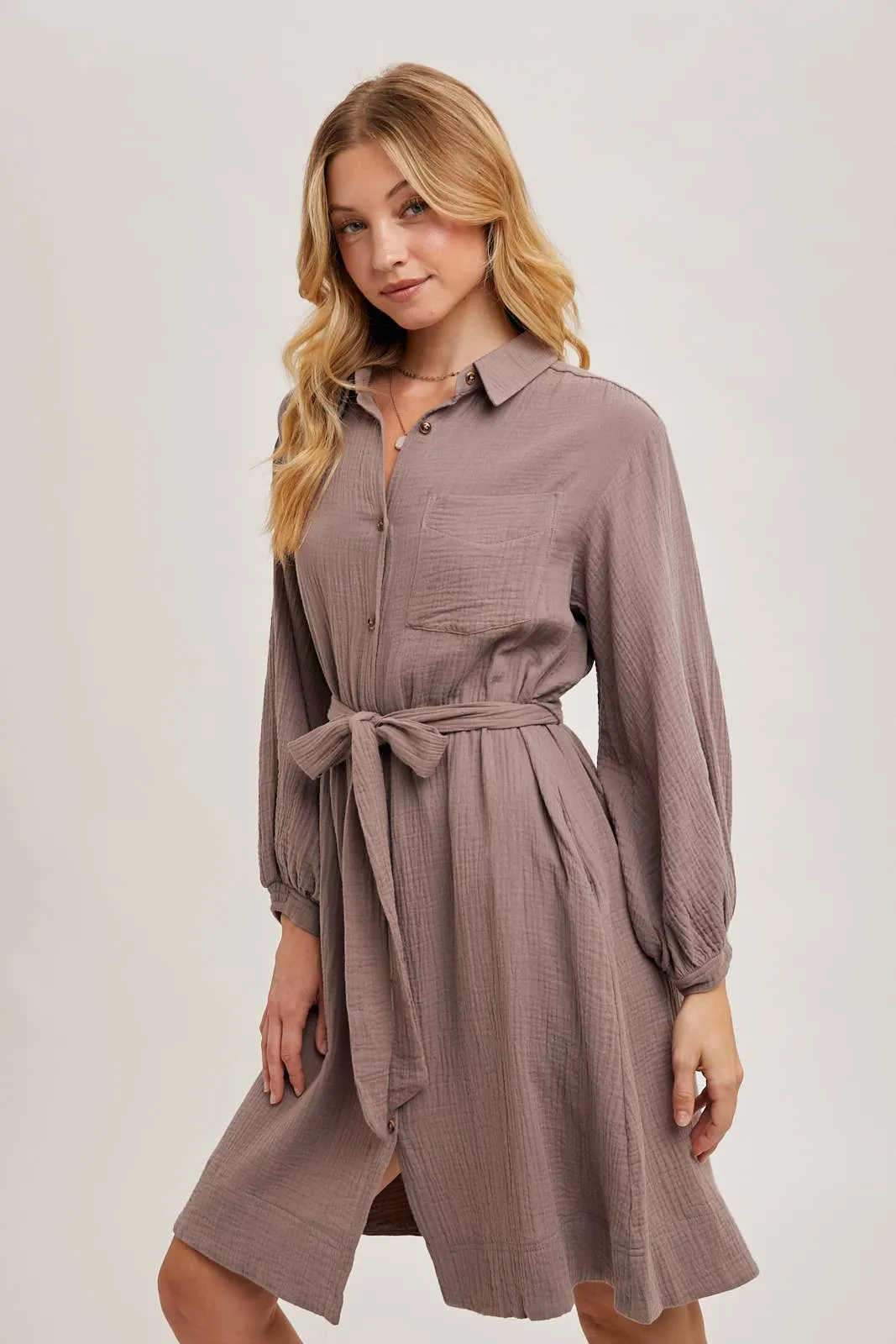 Button down Tie Waist Midi Dress