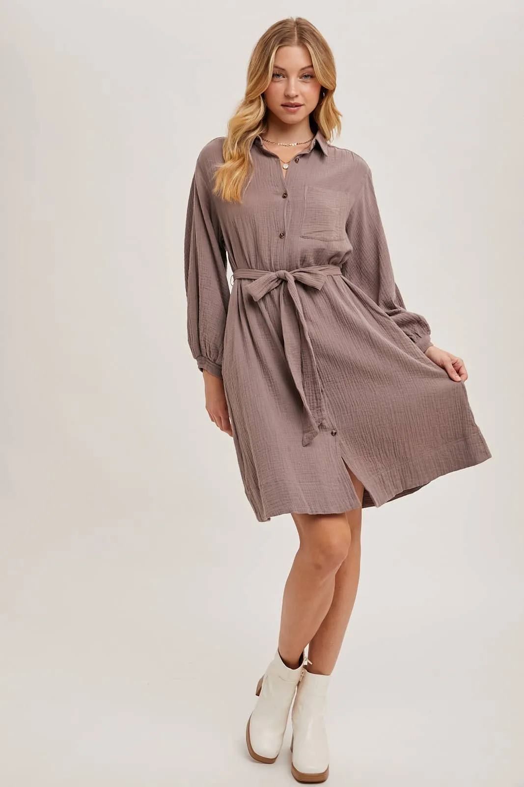 Button down Tie Waist Midi Dress