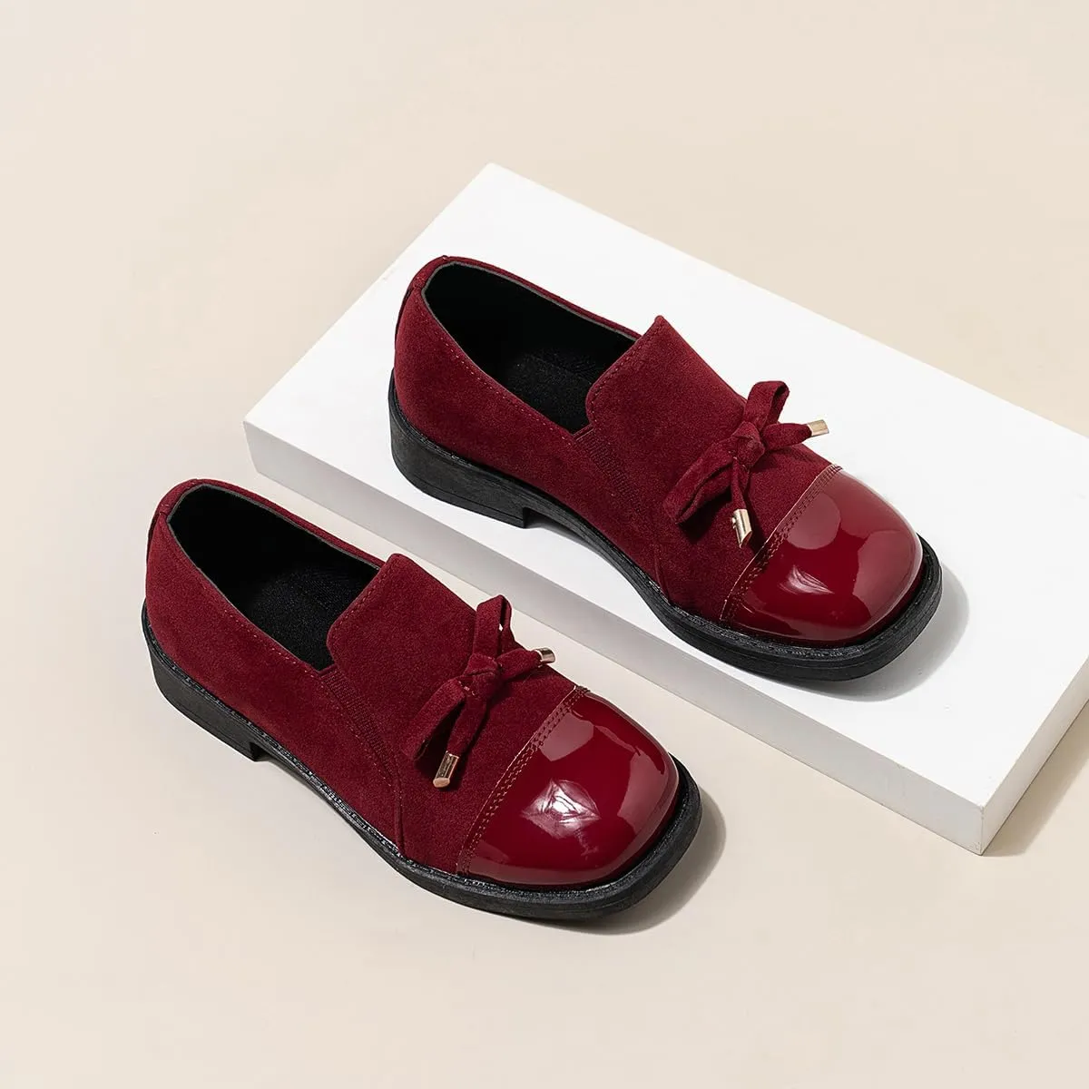 Children??s Red Platform Loafers ?C Faux Leather Lace-Up Loafers for Kids, Lightweight Party & Wedding Shoes, Imitation Suede Upper