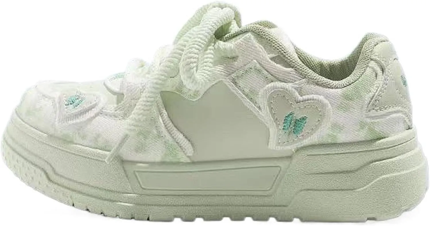 Chunky Platform Sneakers for Women Low-top Heart Skate Shoes Sport, Travel Casual Walking for Students Back to School (Green,4.5)