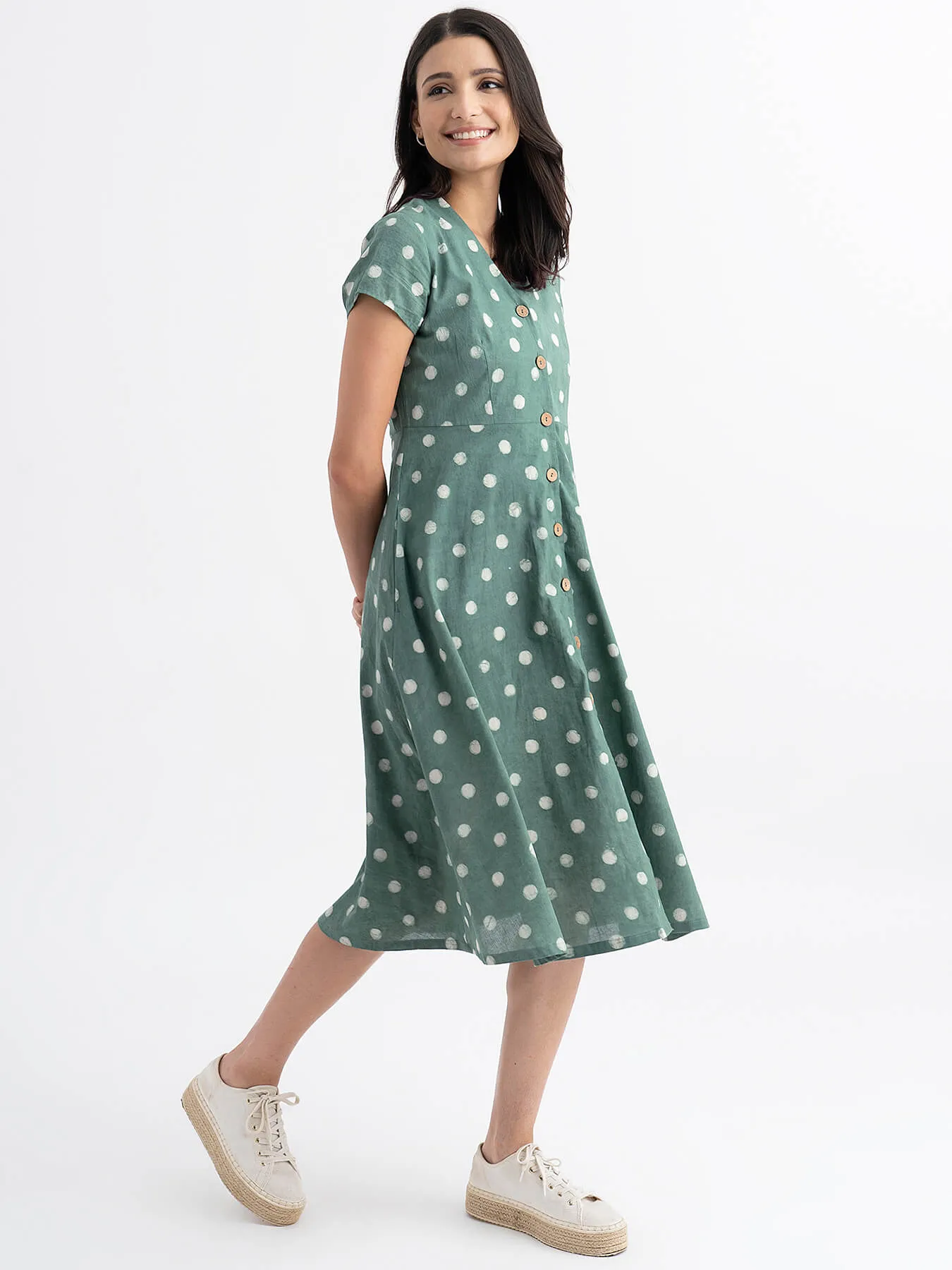 Cotton Dabu Handblock Polka Printed A-line Dress - Green