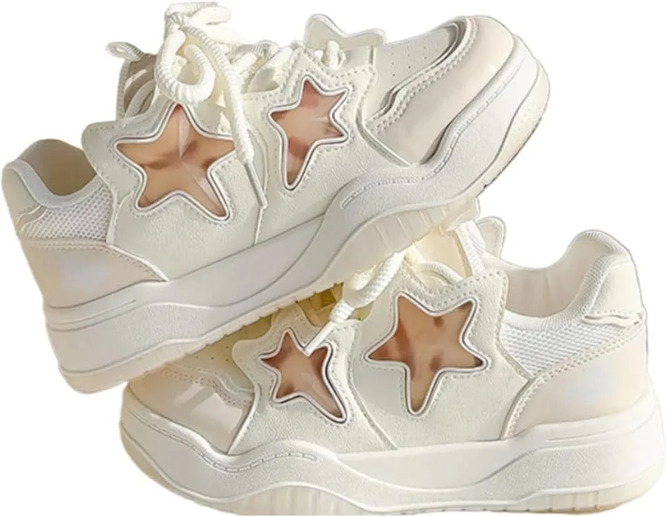 Cute Dopamine Star Shoes Chunky Platform Athleisure Lace-up Comfy Non Slip Lightweight Softy Casual Sneakers Kawaii Y2K Pretty Pastel Retro Gifts for Women & Girls Back to School