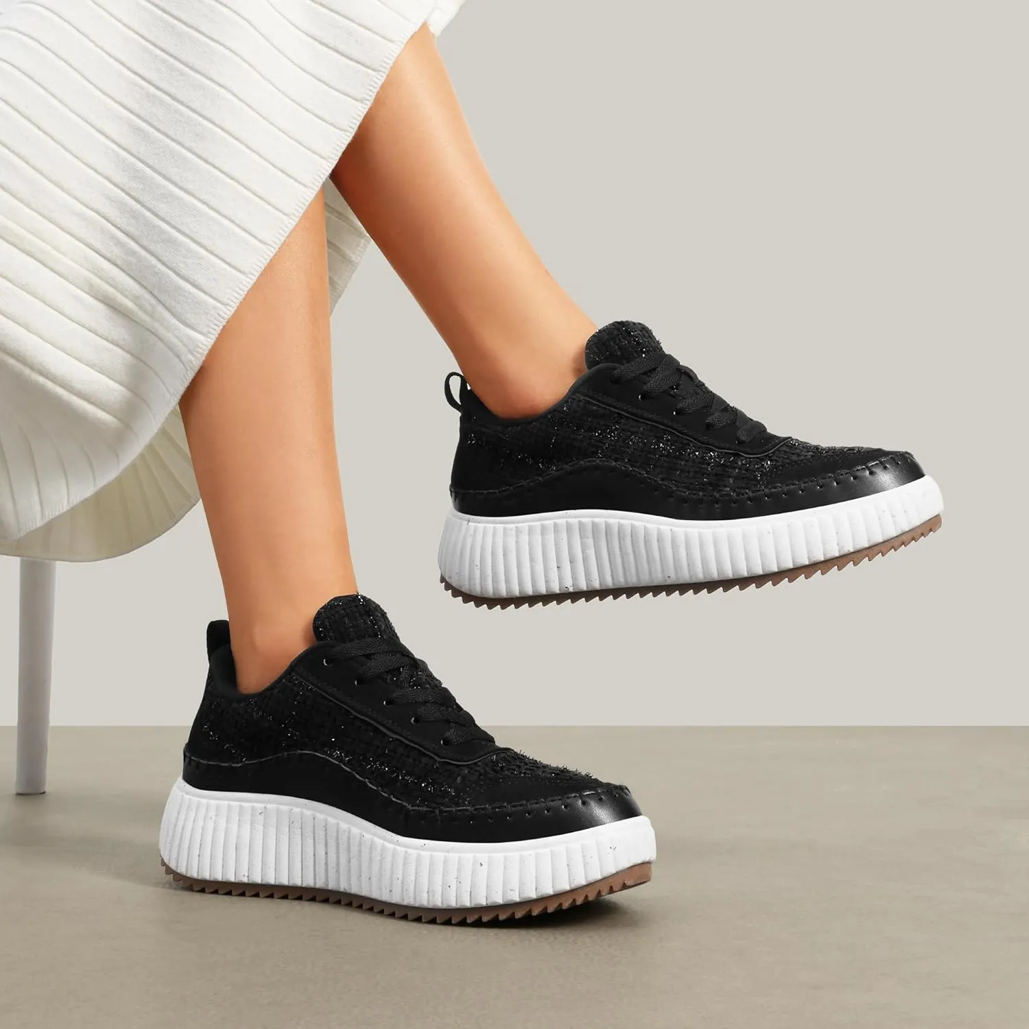 DREAM PAIRS Women Chunky City Tweed Comfortable Casual Platform Fashion Sneaker