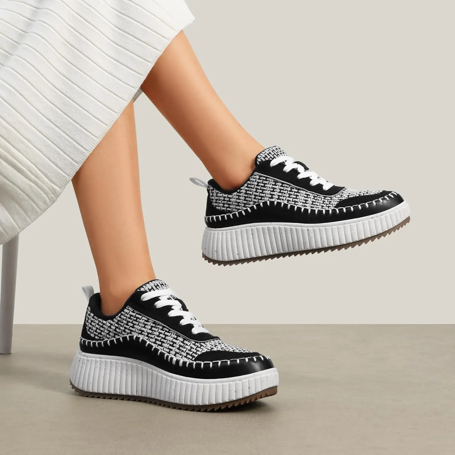 DREAM PAIRS Women Chunky City Tweed Comfortable Casual Platform Fashion Sneaker