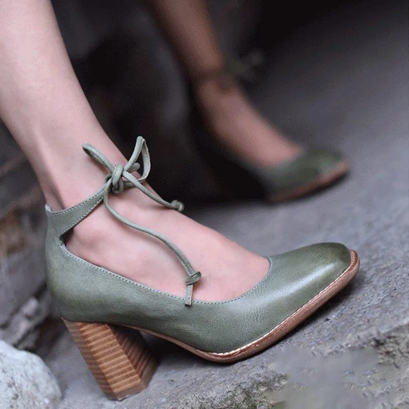 elveswallet Elegant Chunky Heel Lace-up Pumps