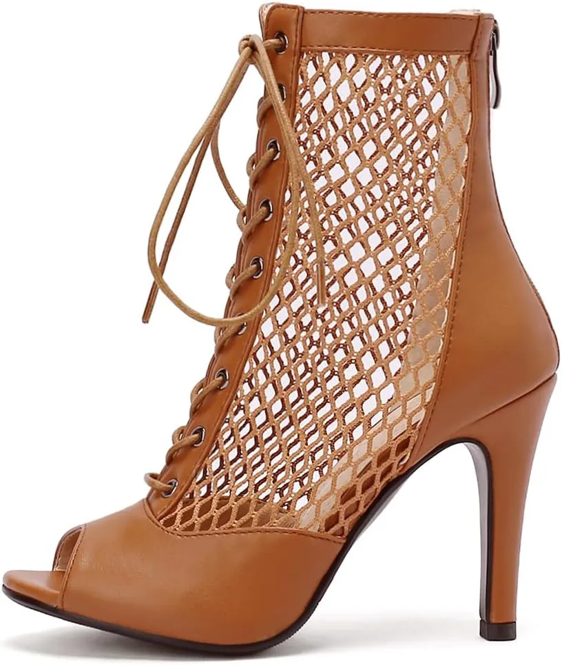 FENIKUSU Women's Ballroom Dance Shoes Peep Toe High Heel Summer Sandals Mesh Boots Plus Size Stilettos Model F4