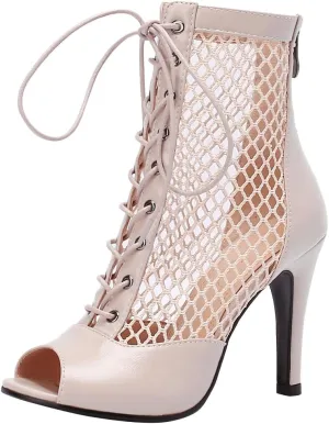 FENIKUSU Women's Ballroom Dance Shoes Peep Toe High Heel Summer Sandals Mesh Boots Plus Size Stilettos Model F4
