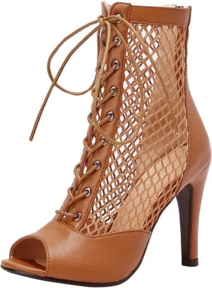 FENIKUSU Women's Ballroom Dance Shoes Peep Toe High Heel Summer Sandals Mesh Boots Plus Size Stilettos Model F4