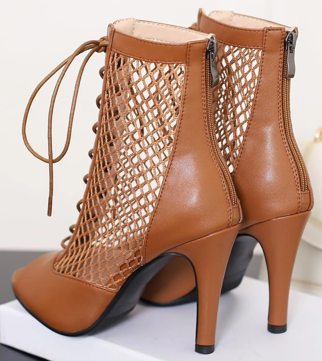 FENIKUSU Women's Ballroom Dance Shoes Peep Toe High Heel Summer Sandals Mesh Boots Plus Size Stilettos Model F4