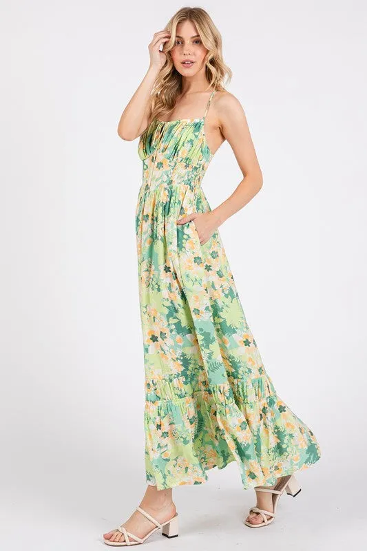 Floral Smocked Tiered Maxi Dress with Adjustable Straps