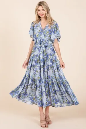Floral Tie Waist Flutter Sleeve Tiered Dress