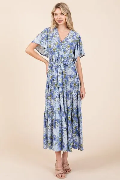 Floral Tie Waist Flutter Sleeve Tiered Dress