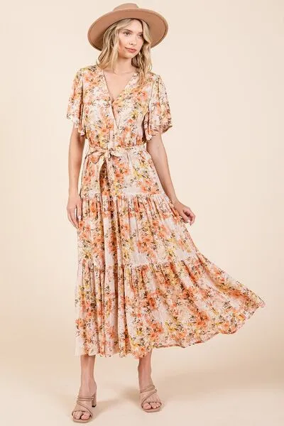 Floral Tie Waist Flutter Sleeve Tiered Dress