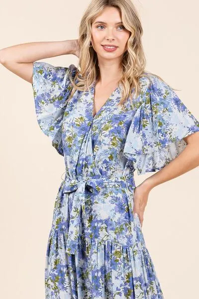 Floral Tie Waist Flutter Sleeve Tiered Dress