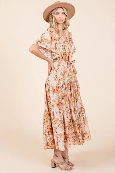 Floral Tie Waist Flutter Sleeve Tiered Dress
