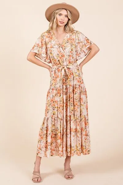 Floral Tie Waist Flutter Sleeve Tiered Dress
